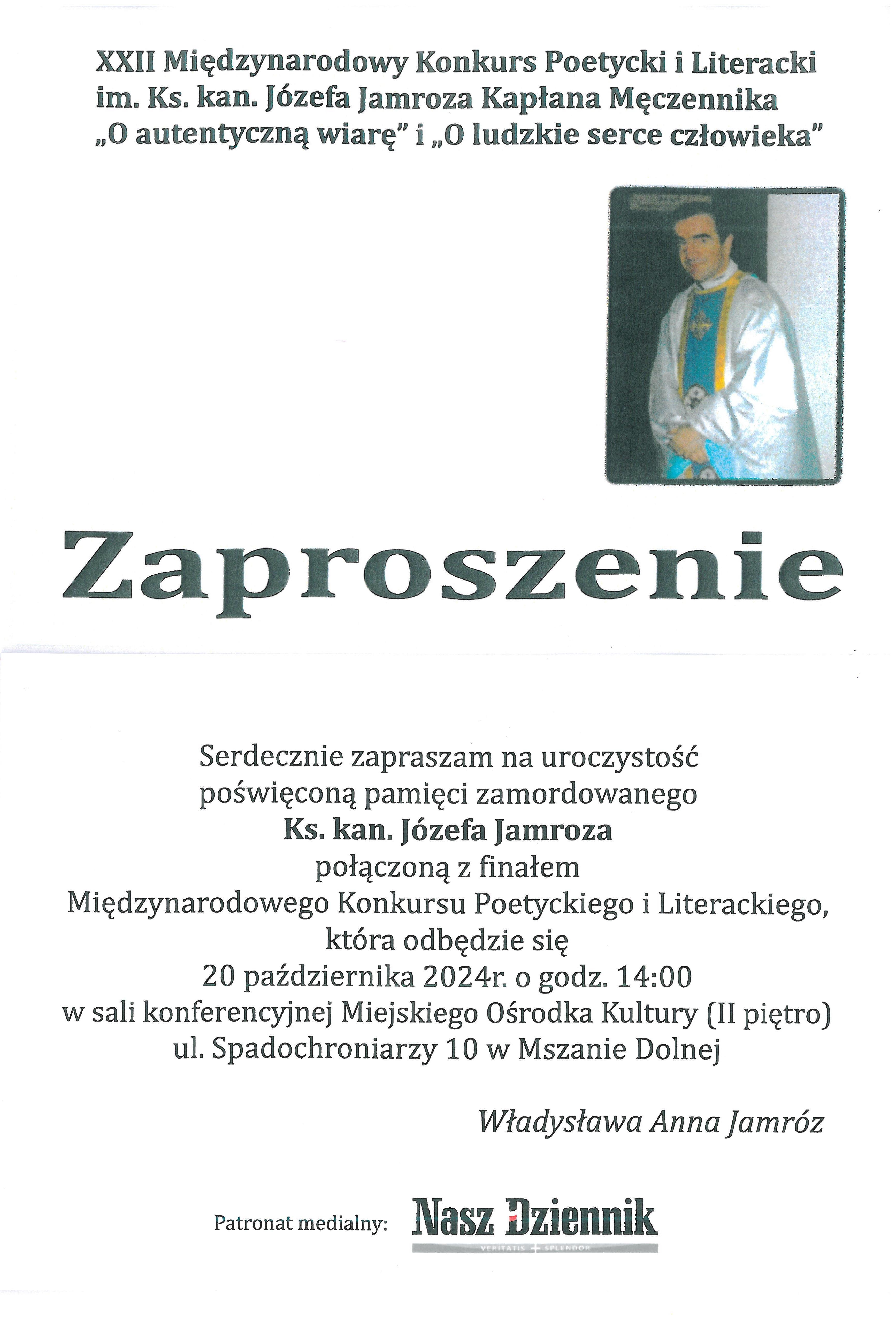 miniaturka dla wpisu o tytule: Zaproszenie na finał XXII Międzynarodowego Konkursu Poetyckiego i Literackiego im. ks. kan. Józefa Jamroza